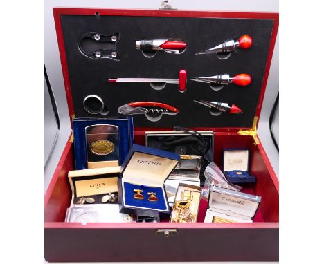 A sommelier set in a box and a quantity of various cufflinks, including Links of London, card cases, Zippo lighter, etc.