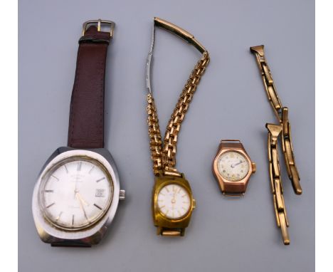 A gold cased Federal ladies wristwatch and two Rotary wristwatches. The former 2 cm wide.