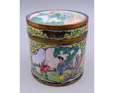 A Canton enamel lidded box.  8 cm high, 7.5 cm diameter. 