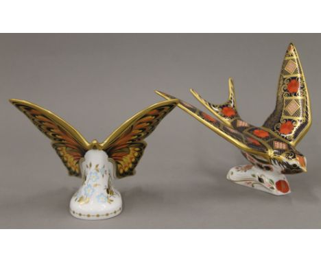 Two Royal Crown Derby paperweights, Old Imari Solid Gold Band Swallow and Peacock Butterfly.