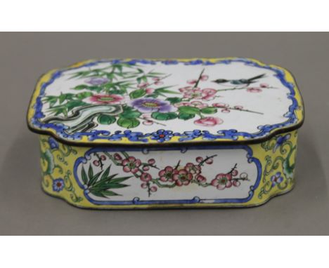 A late 19th/early 20th century Chinese Canton enamel box. 15.5 cm wide.