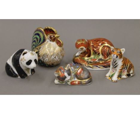 Five various boxed Royal Crown Derby paperweights including: kitten, Sumatran tiger, panda, cockerel and an otter.