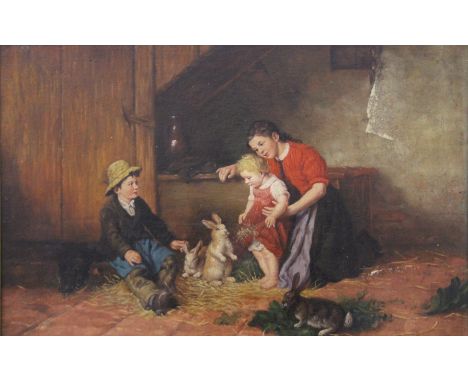 Children Feeding Rabbits, oil on panel, framed. 55 x 35 cm.