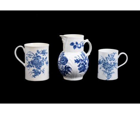 Three items of Worcester blue and white printed porcelain, circa 1775, comprising; two cylindrical mugs printed with the 'Bou