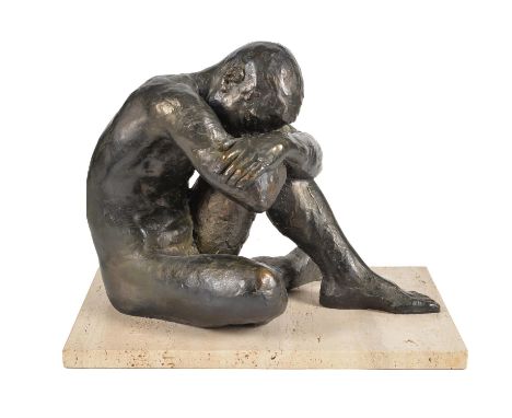 A bronzed terracotta model of a seated youth, 20th century, the nude male subject portrayed with his head and arms resting on