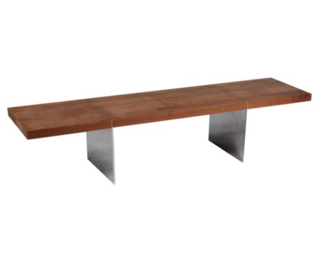 Anonymous, a walnut bench, on chrome sheet supports, circa 2000, 40cm high, 185cm wide, 45.5cm deepCondition Report: Marks, k