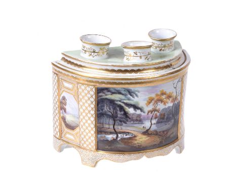 An English porcelain bough pot and cover, early 19th century, possibly Worcester, Grainger, painted with landscape panels, 23