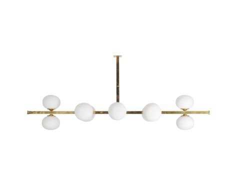 A ten light pendant light fitting, of recent manufacture, square section lacquered brass rods, nine only milk glass shades, e