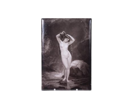 A German porcelain rectangular plaque, late 19th century, Berlin or Dresden, painted en grisaille with a nude maiden beside a