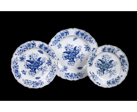 Three Worcester blue and white graduated chargers printed with the 'Pinecone' pattern, paper collection labels, one with Chin