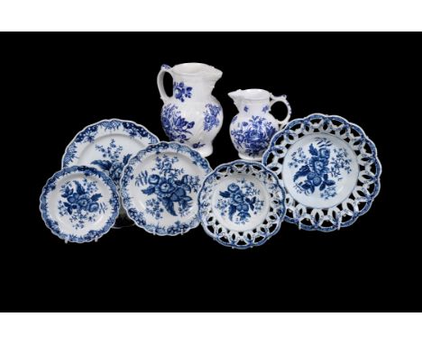 A selection of English blue and white printed 'Pinecone' pattern porcelain, 18th & 19th centuries, comprising: two Worcester 