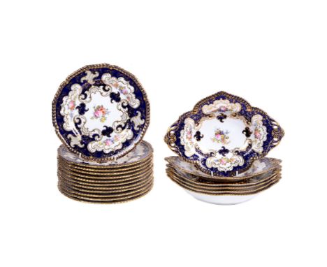 A Royal Crown Derby blue-ground and gilt part dessert service painted with flowers, date code for 1901, comprising: a pair of
