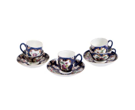 A small selection of Worcester blue-scale-ground tea wares, circa 1770, comprising two various trios and a coffee cup and sau