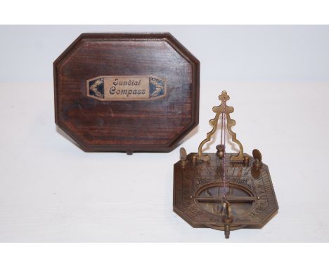 Cased brass sundial &amp; compass 