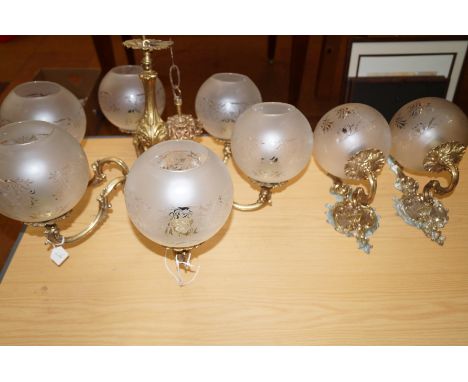 6 Branch brass chandelier with 2 matching wall lights  