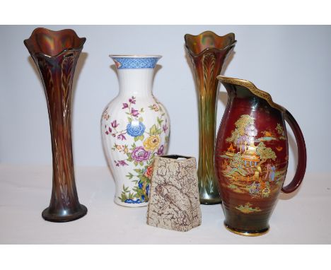 Pair of iridescent glass vases, Crown Devon rouge water  jug, a baluster vase &amp; studio pottery vase 