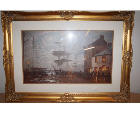 Large gilt framed print depicting dock scene 