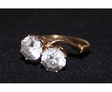 9ct Gold dress ring set with 2 white gem stones Size K