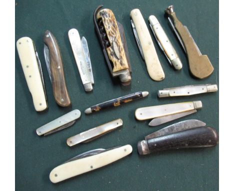 Collection of fourteen various assorted 19th C and later pocket knives including mother of pearl and silver hallmarked bladed
