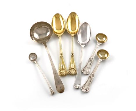 A small collection of silver flatware, comprising: a matched pair of George IV silver-gilt dessert spoons, by Robert Garrard,