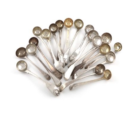 A collection of antique silver condiment ladles, various dates and makers, comprising: a William IV condiment ladle by Thomas