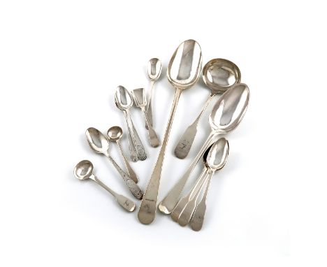 A collection of antique silver flatware, comprising Newcastle items: a basting spoon, by Reid and Son, 1799, a table spoon, a