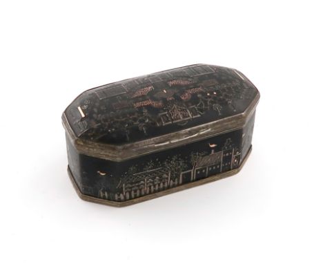 An 18th century silver-mounted and lacquer snuff box, rectangular panelled form, the hinged cover inlaid with gold and silver