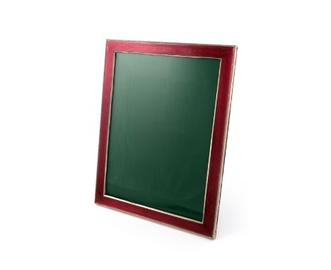 A modern Italian silver and enamel photograph frame, upright rectangular form, dark pink enamel decoration, beaded border, wo