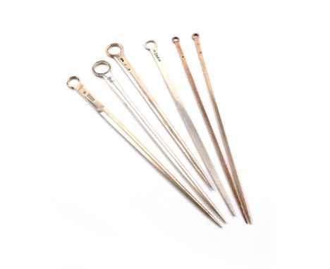 A collection of six antique silver meat skewers, various dates and makers, tapering form, including one by Smith and Fearn, L