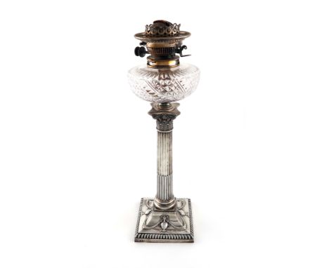 A Victorian silver Corinthian column gas lamp, by Hawksworth, Eyre and Co., Sheffield 1896, fluted column, on a raised square