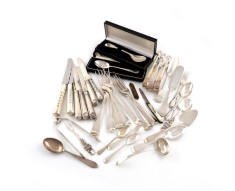 A mixed lot of silver flatware, various dates and makers, comprising: four pairs of sugar tongs, two cased spoons, a butter s