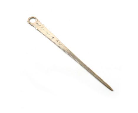 A George III Irish silver meat skewer, by John Pittar, Dublin 1804, tapering form, plain ring handle, with a worn inscription