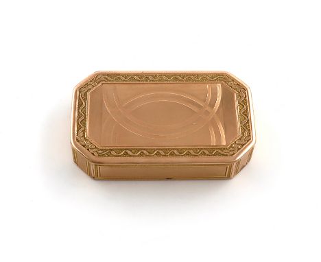 An early 19th century continental gold snuff box, maker's mark P.G, 1806, rectangular form, canted corners, with geometric en