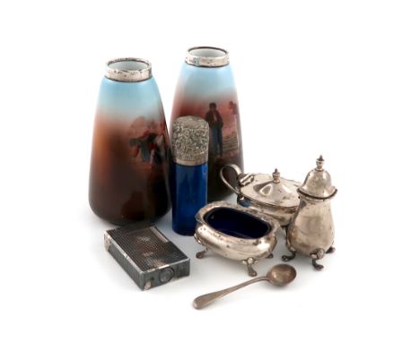 #A mixed lot, comprising silver items: a Victorian blue glass scent bottle, the hinged cover and mount, Birmingham 1893, plus