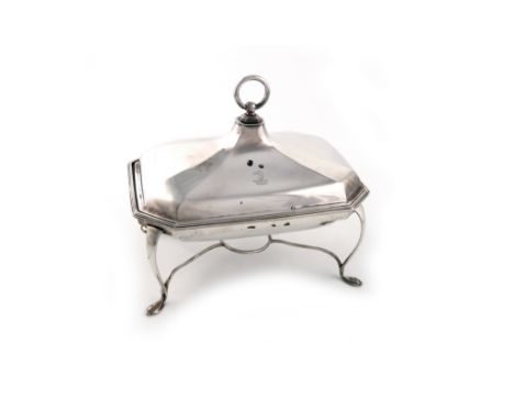 A Victorian silver entree dish and cover on a warming stand, by The Barnards, London 1895, rectangular form, canted corners, 