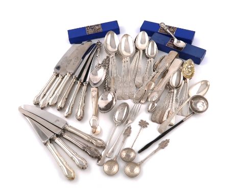 λA mixed lot of flatware, varied dates and makers, comprising silver items: a matched set of six bright cut dessert spoons, b