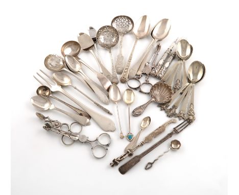 A collection of mixed silver flatware, various dates and makers, comprising: a George I Dog-nose table fork by Joseph Barbut,