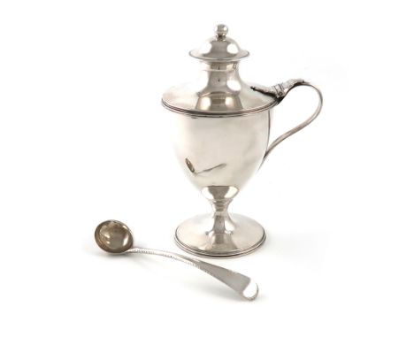 A George III silver mustard pot, by Robert Hennell, London 1788, urn shaped bowl with a hinged baluster cover, reeded scroll 