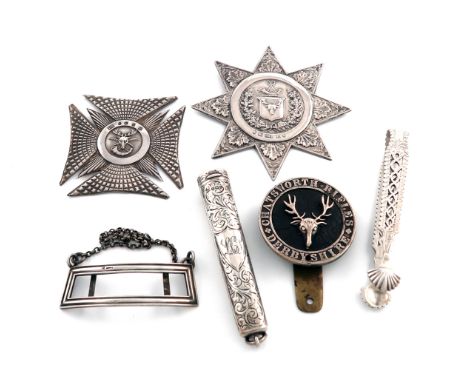 A mixed lot of silver, comprising: a Victorian Ancient Order of Forester's badge, by Edward Smith, Birmingham 1839, another V