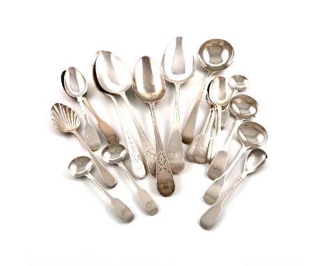 A collection of provincial silver flatware, Exeter various dates, comprising: three Bright-cut tablespoon, another tablespoon