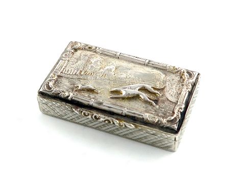 A Victorian silver-gilt snuff box, by John Tongue, Birmingham 1938. the hinged cover with a raised scene of two hounds coursi