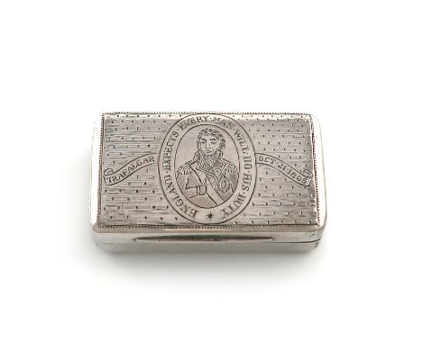 A George III Commemorative silver Nelson snuff box, by John Shaw, Birmingham 1806, rectangular form, the hinged cover with an