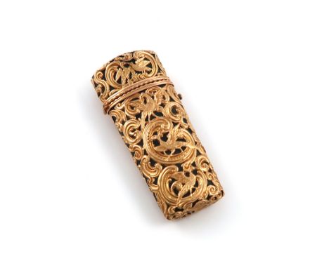 An 18th century gold overlay bloodstone etui / scent bottle case, unmarked circa 1770, tapering oblong form, with overlaid pi