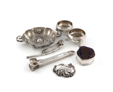 A mixed lot of silver items, various dates and makers, comprising: a pair of George II salt cellars, makers mark worn, London