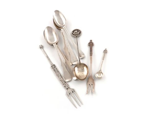 A collection of silver flatware, various dates and makers, comprising: a pair of Scottish Fiddle teaspoons by James Erskine, 