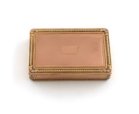An early 19th century gold snuff box, marks partially worn, probably Swiss, rectangular form, engine-turned decoration, with 
