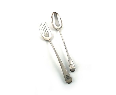 A George III silver Bead pattern salad fork, by Richard Crossley, London 1767, the terminal with a crest, plus a similar Geor