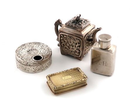 A mixed lot of silver items, comprising: a William IV miniature silver Chinoiserie teapot, by Joseph Willmore, Birmingham 183