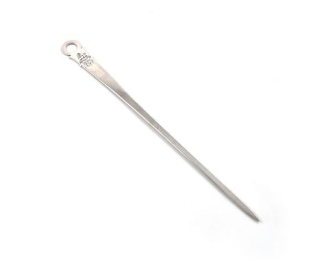 A George III Irish silver meat skewer, by John Power, Dublin 1798, tapering form with a ring handle, engraved crest and initi