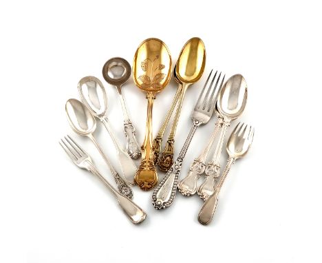 A mixed lot of antique silver flatware, various dates and makers, comprising: a Grecian pattern table fork, by George Adams, 